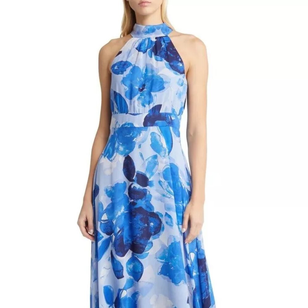 Elegant Blue Floral Halter Dress